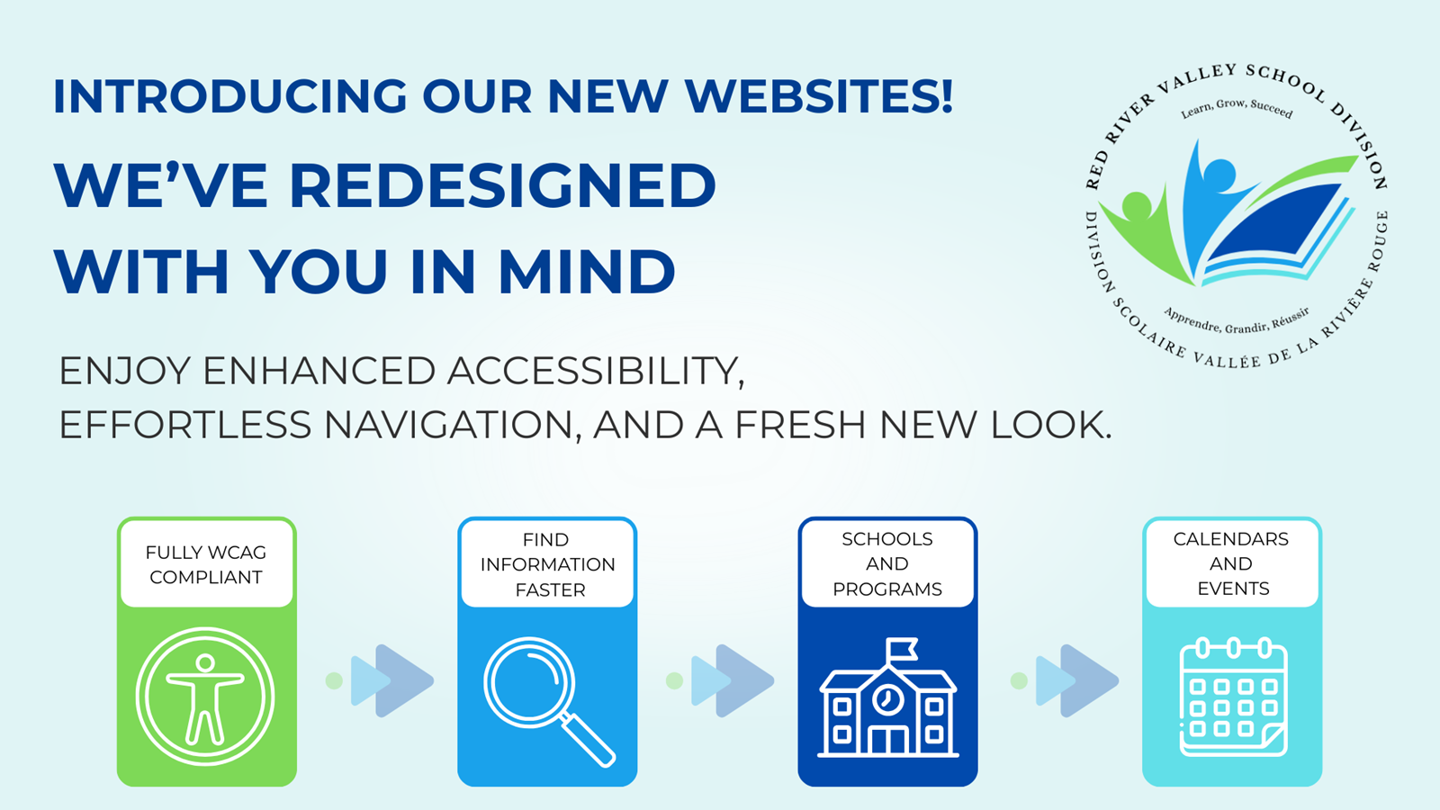 Graphic from Red River Valley School Division announcing new websites redesigned for accessibility, featuring highlights like WCAG compliance, faster search, school/program listings, and event calendars.